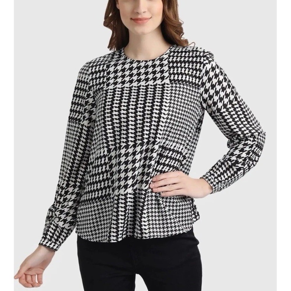 BENETTON Blouse Large Long Sleeve Houndstooth‎ Black White Shirt Academia Indie